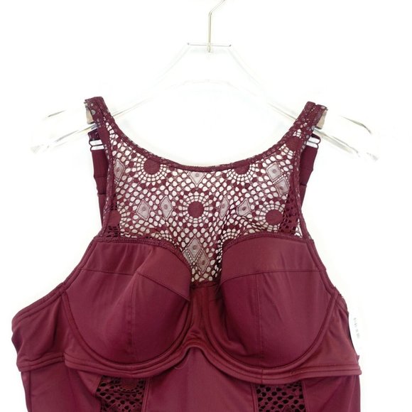 NEW ADORE ME One Piece Women Red Wine Swimsuit 40B 0X Lace Illusion Neckline - Picture 2 of 12